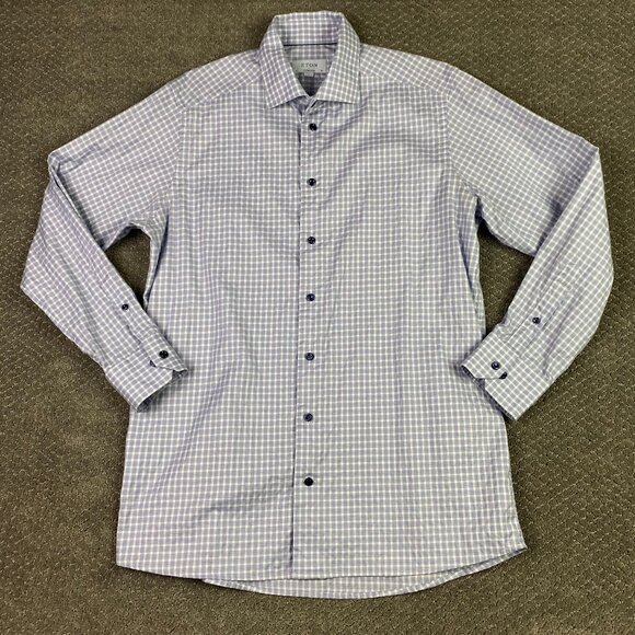 Eton Contemporary Shirt Men's 42 16.5 Button Up Front Lilac Blue Gingham Check - Picture 2 of 11